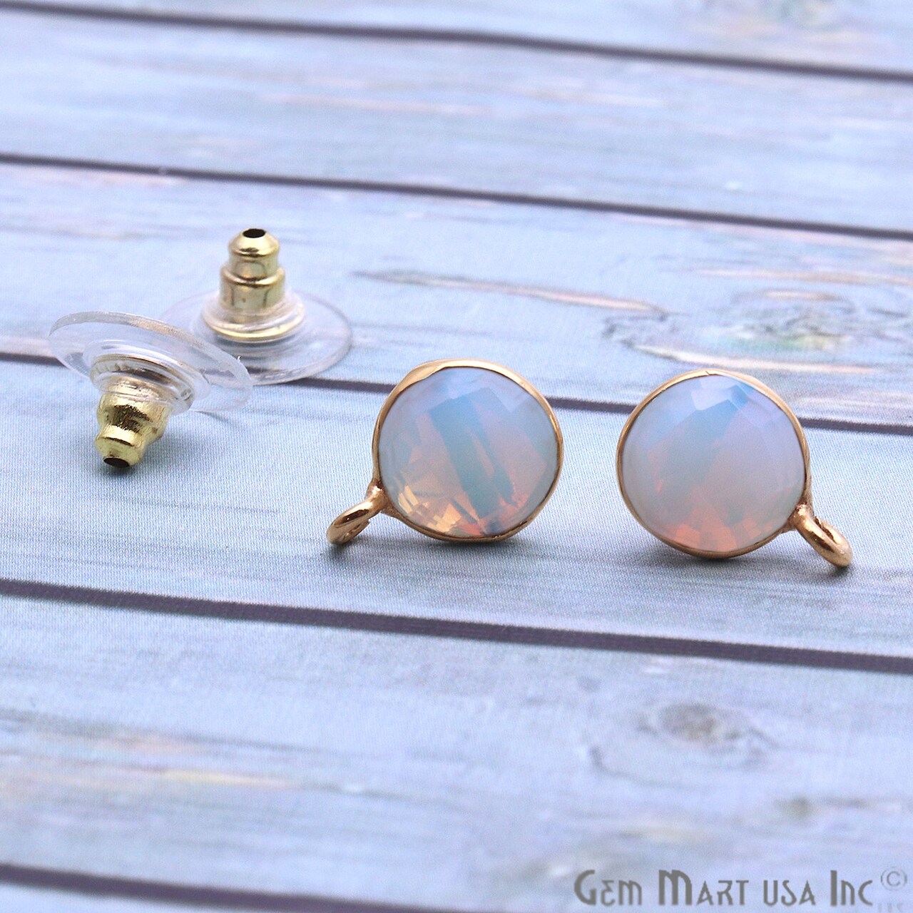 Round Gemstone Stud Earrings with Loop, 12x9mm Gold Plated DIY Earring Findings, GemMartUSA (90023)